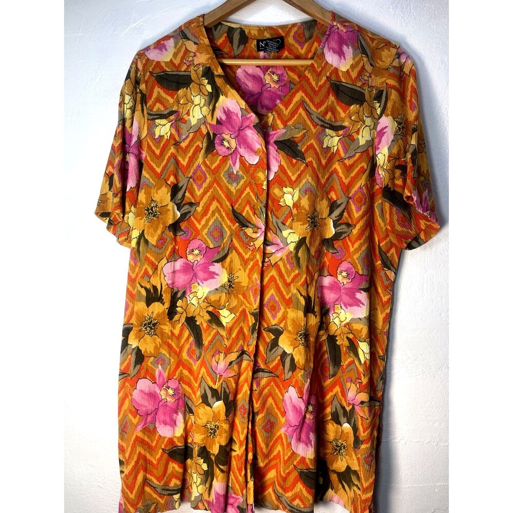 New York & Co Women Floral Button Down Orange Pink Blouse Size XL Boho Y2K